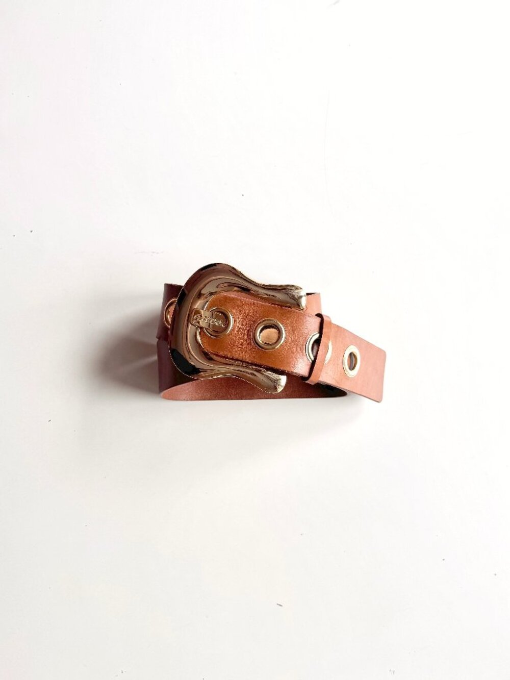 GUESS Tan Brown 100% Leather Large Gold Buckle Wide Grommet Belt, Size L